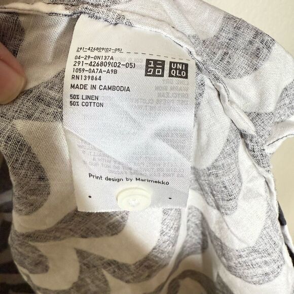 Marimekko Uniqlo Laine Short Sleeve Black White Shirt Dress Size M Linen Button - Picture 12 of 12